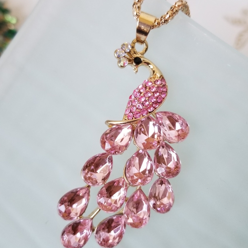 Pink Crystal Peacock Pendant NWT